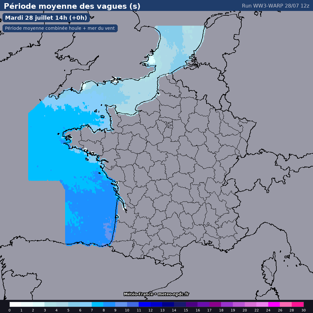 Carte de prévision météo du modèle WW3-WARP (côtier) - Température, précipitations, vent - Météo-France