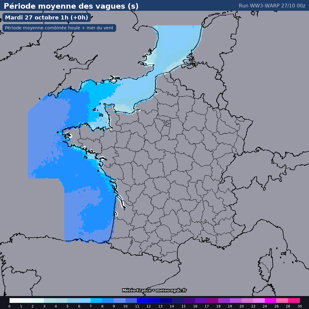 Carte de prévision météo du modèle WW3-WARP (côtier) - Température, précipitations, vent - Météo-France